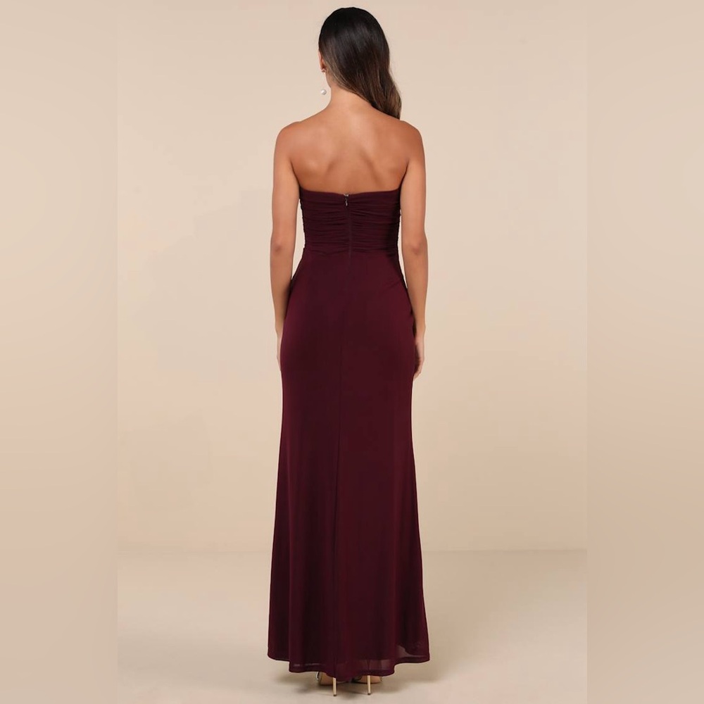 Lulu’s Epitome of Allure Purple Mesh Strapless Ruched Tulip Maxi Dress Small - Picture 2 of 7